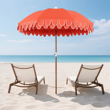 Horizon 6.5 ft. Classic MidCentury Scalloped Fringe Market Beach Umbrella